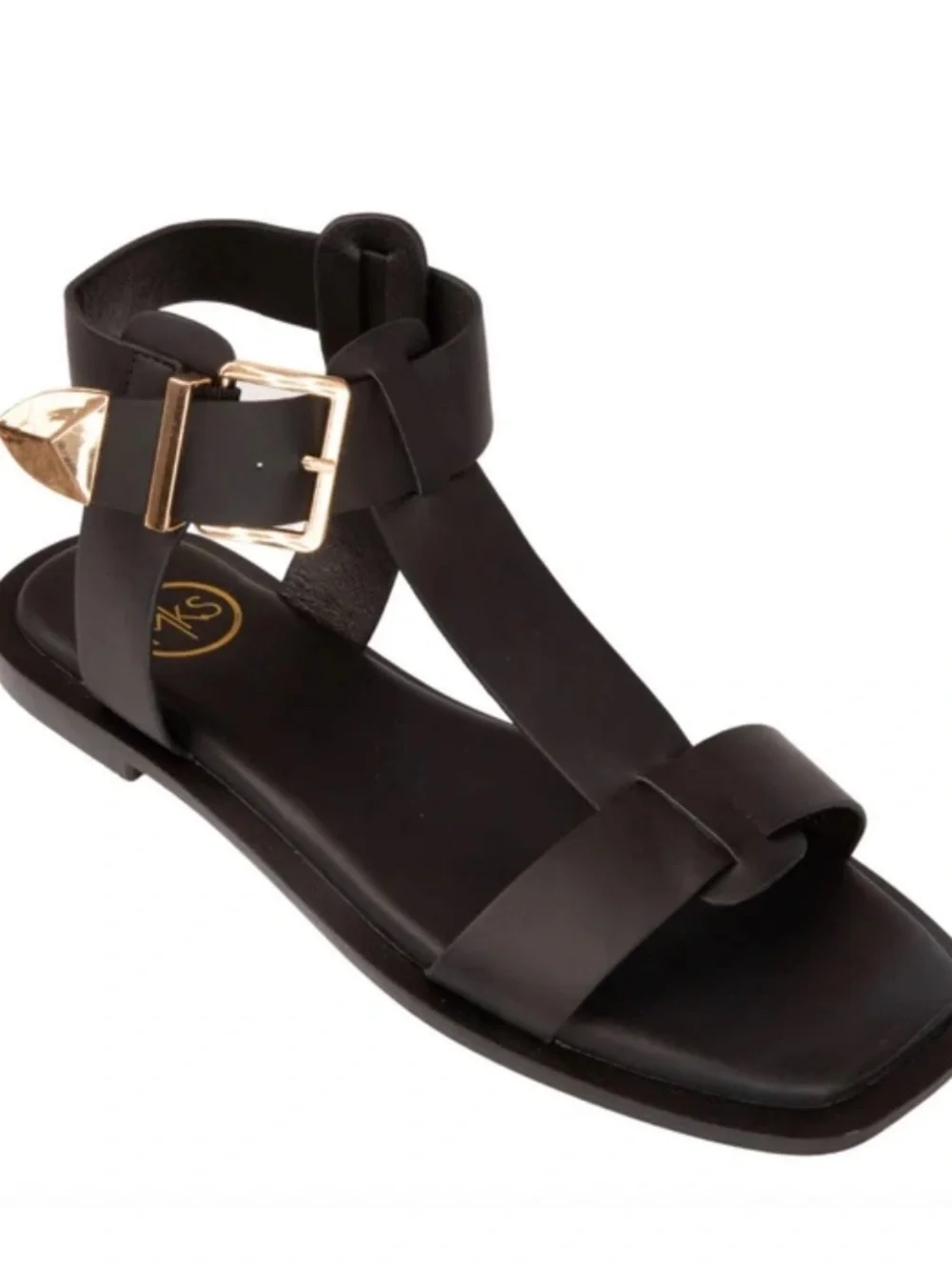 Black Leather T-Strap Ankle Buckle Sandals - Women - Picture 2 of 6